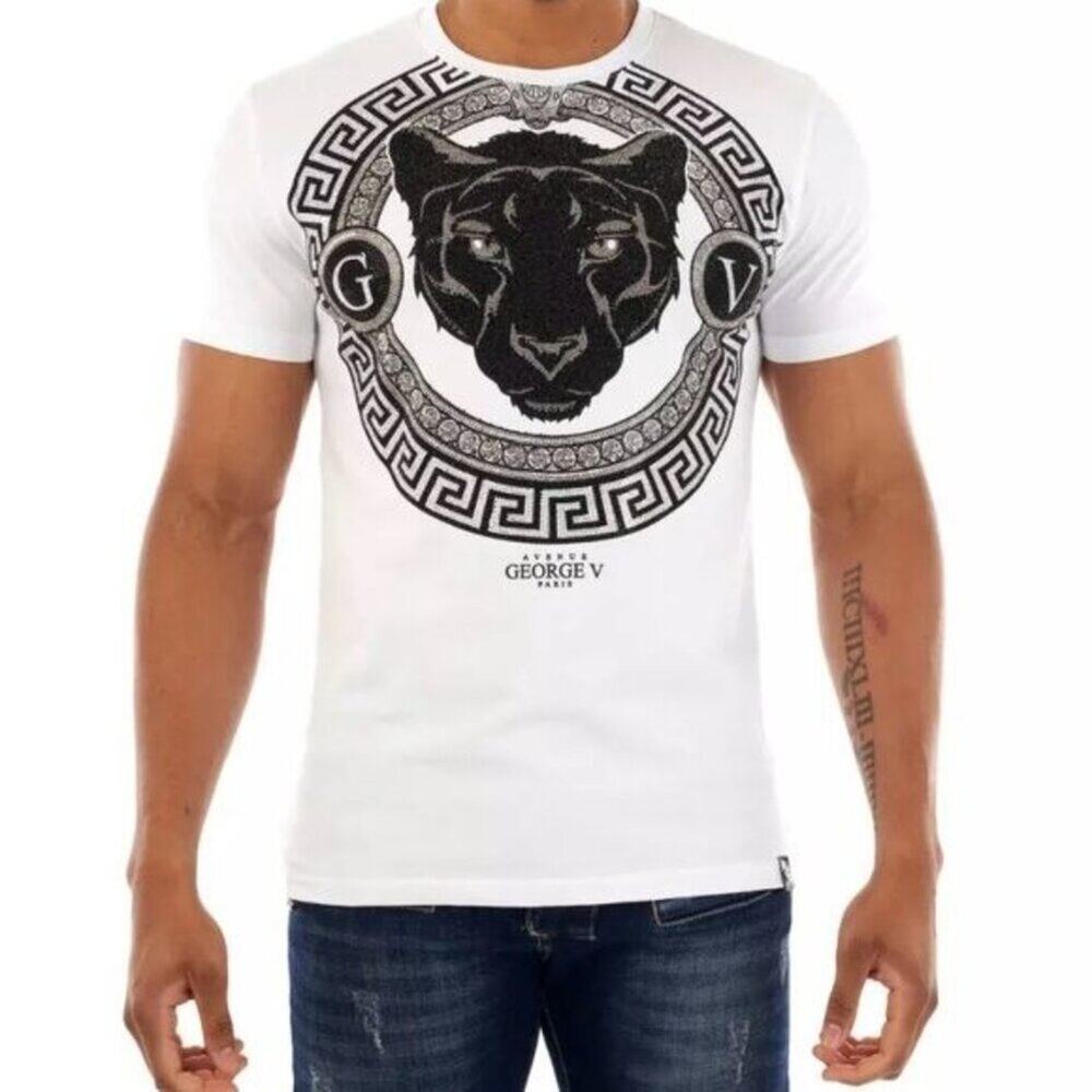 AVENUE GEORGE V Paris Men's White Graphic‎ T-Shirt With Black Panther Rhinestone